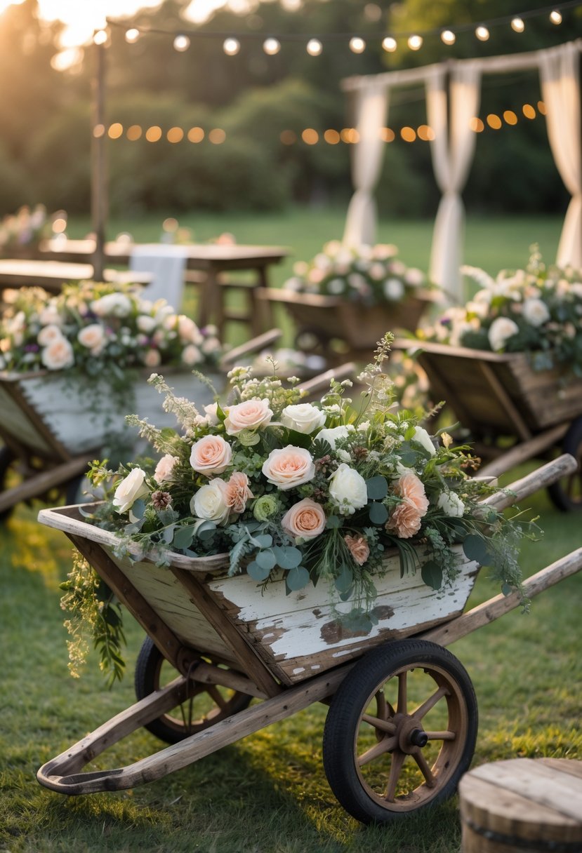Vintage wooden wheelbarrows filled with colorful fresh flowers arranged outdoors on grass with soft natural lighting.