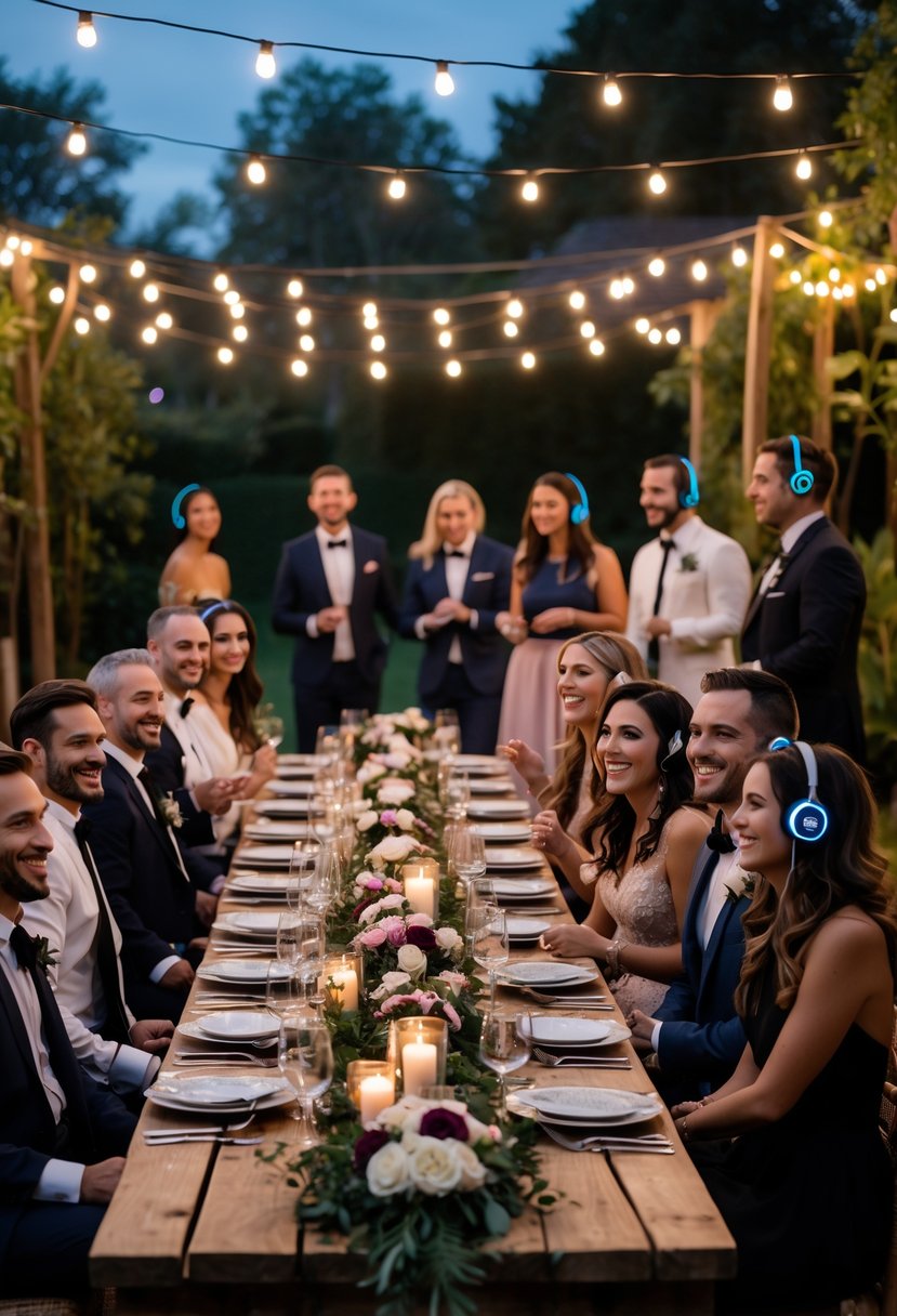 Guests enjoying a wedding rehearsal dinner outdoors with some dancing wearing wireless headphones under string lights.