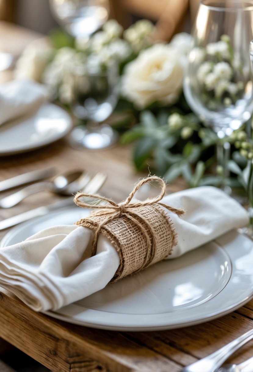 Close-up of natural burlap napkin rings tied with twine around white napkins on a wooden table set for a wedding rehearsal dinner.