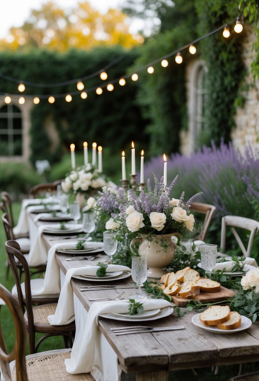 An outdoor garden dinner table set for a wedding rehearsal with flowers, candles, and elegant tableware surrounded by greenery and stone walls.