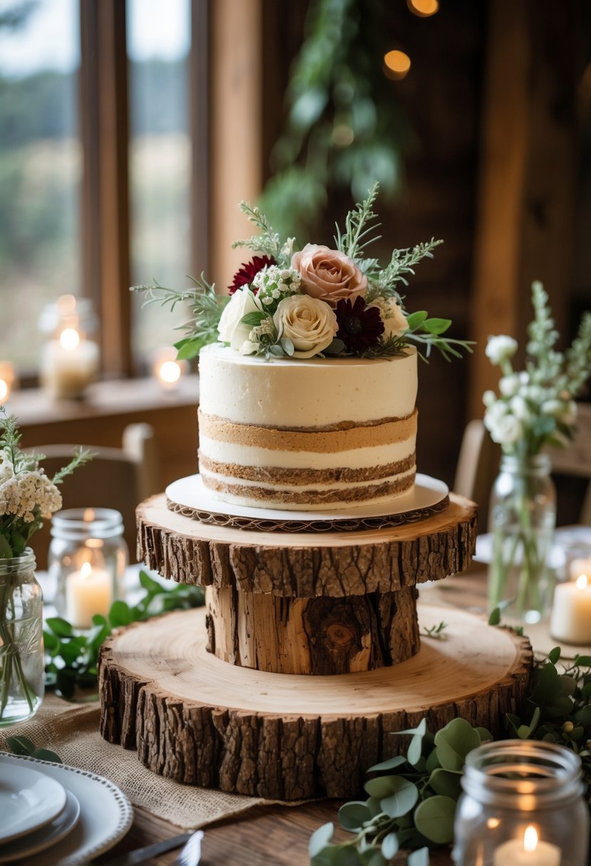 A wooden log slice cake stand holding a decorated cake on a wooden table with flowers and candles around it.