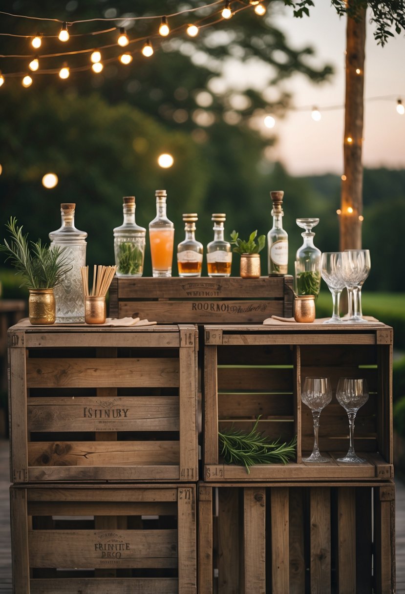 A rustic wooden crate bar set up with bottles, glassware, and fresh herbs for cocktails at an outdoor wedding rehearsal dinner.
