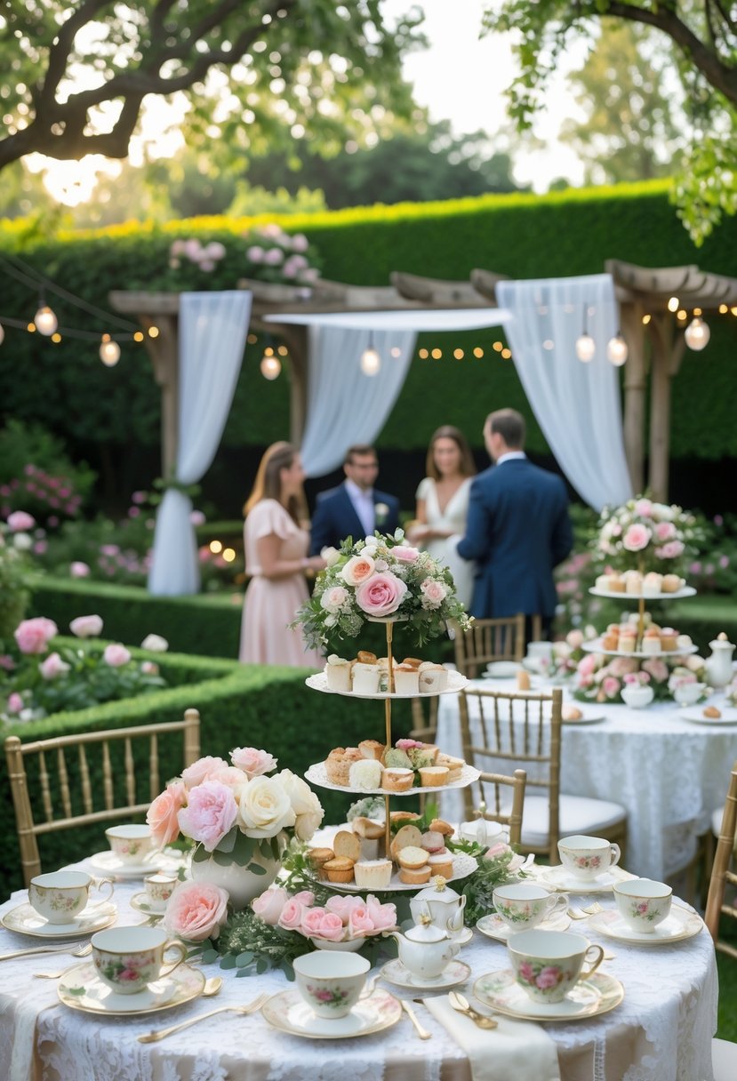 Outdoor garden setting with tables arranged for a wedding rehearsal dinner featuring tea party decorations, floral centerpieces, and guests socializing.