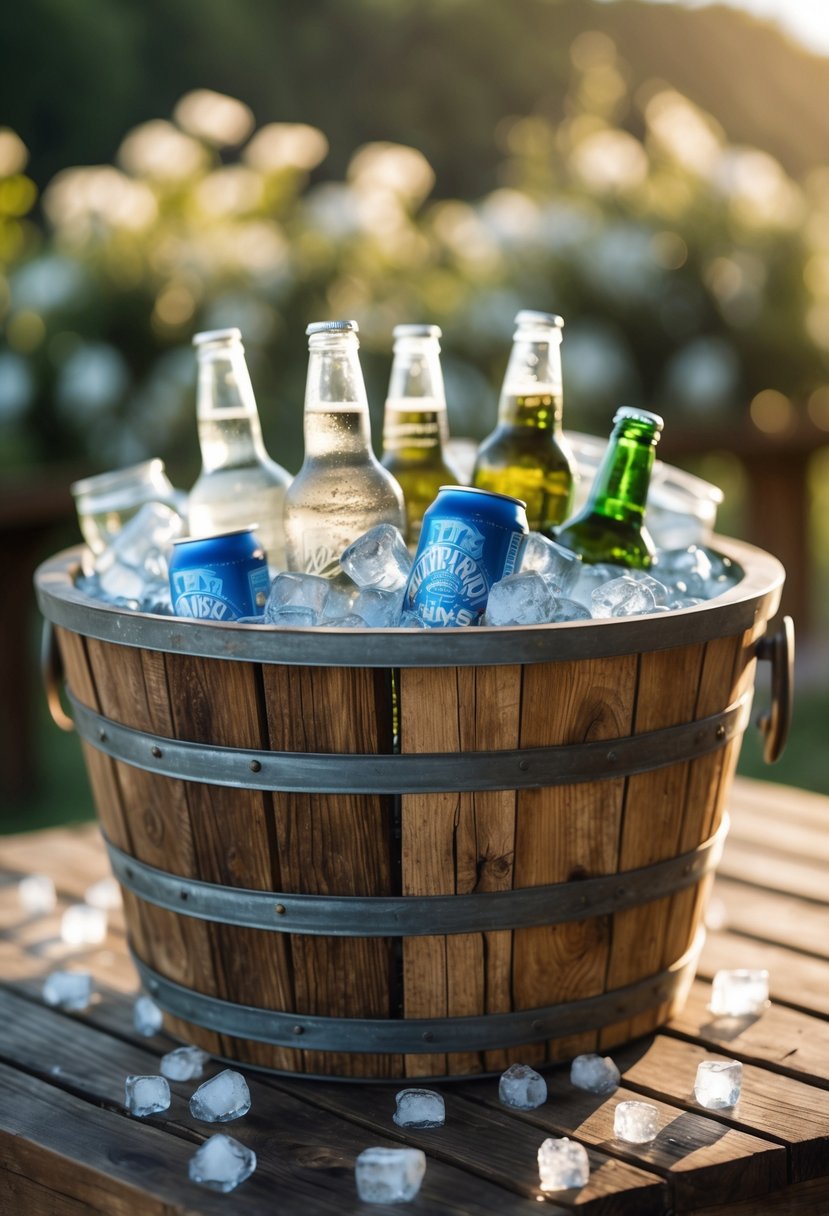 Wooden tub filled with ice and assorted chilled drinks on a wooden surface with a blurred natural background.