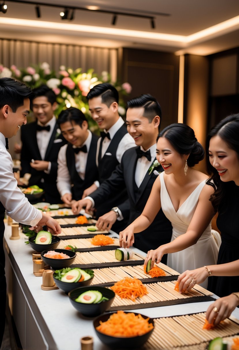 Guests at a wedding rehearsal dinner rolling sushi together around a sushi station with fresh ingredients and modern decor.