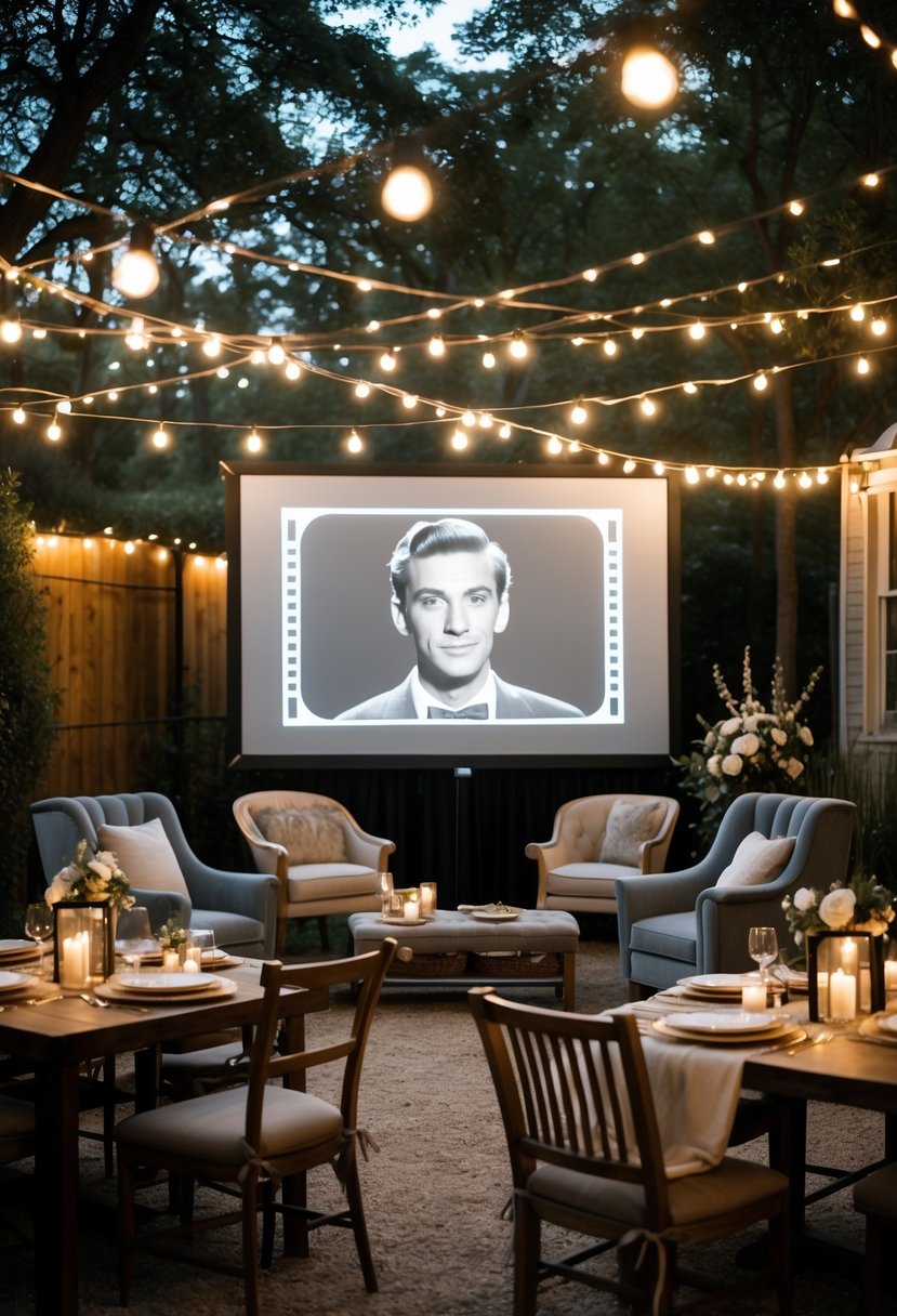 A cozy seating area with comfortable chairs and soft lighting arranged around a vintage movie screen, set up for a wedding rehearsal dinner.