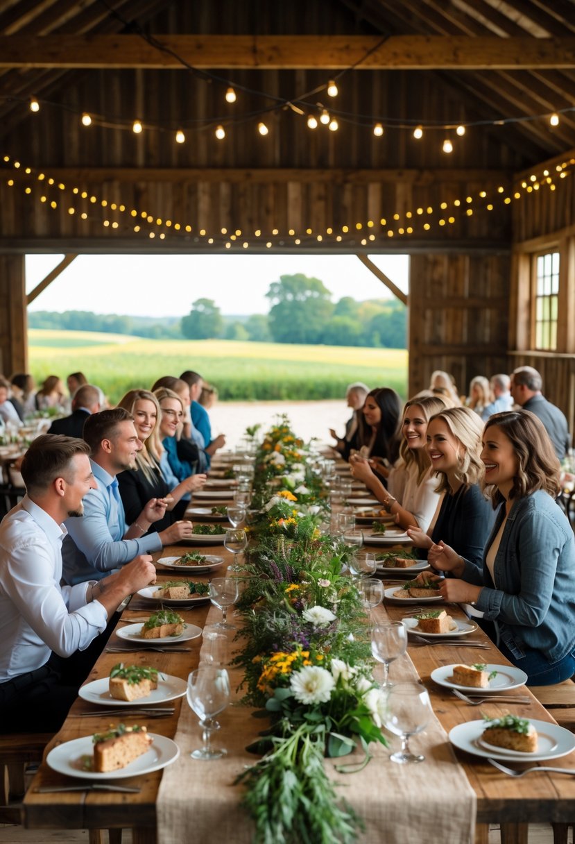 Guests enjoying a dinner inside a rustic barn with wooden tables, floral centerpieces, and string lights overhead.