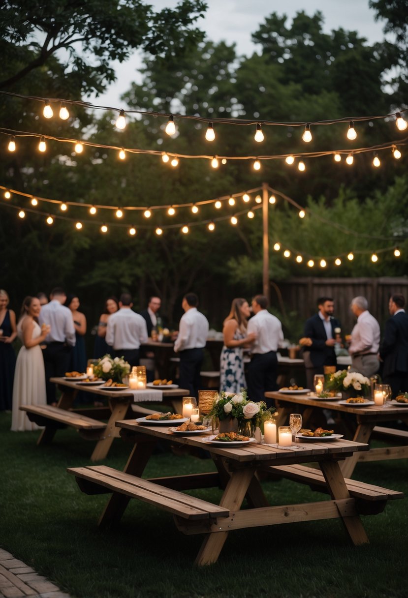Backyard with string lights, picnic tables, and people enjoying a casual outdoor dinner gathering.