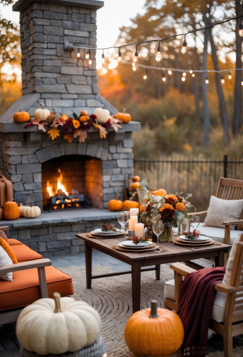 Outdoor lounge area with a stone fireplace, cozy seating, fall decorations, and a table set for a wedding rehearsal dinner surrounded by colorful autumn trees.
