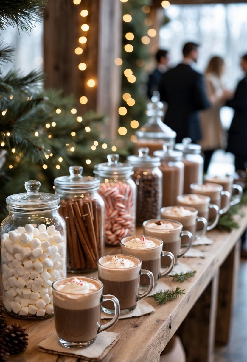 A winter hot cocoa bar with mugs of hot chocolate, marshmallows, cinnamon sticks, liquor bottles, and festive decorations on a wooden table.