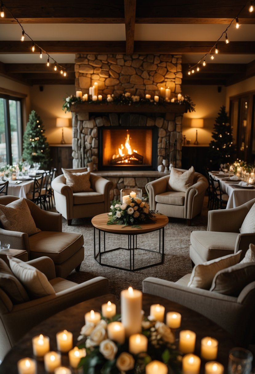 A cozy indoor gathering around a stone fireplace with plush seating and warm lighting, set for a wedding rehearsal dinner.