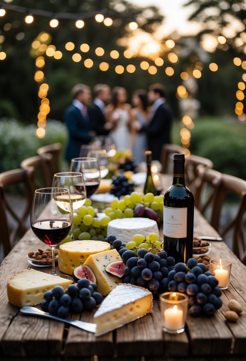 A rustic table set outdoors with artisanal cheeses, grapes, wine glasses, and bottles, softly lit with candles and string lights, with people in the background.