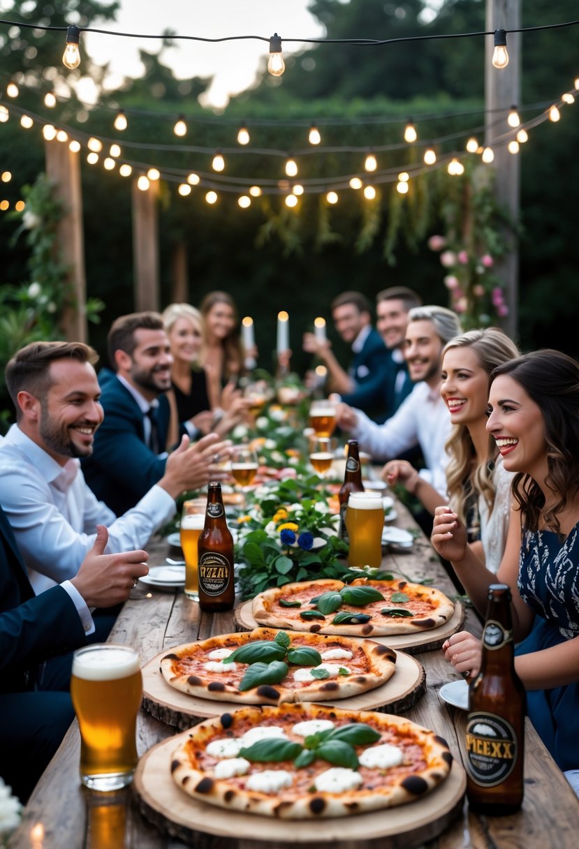 People enjoying a casual outdoor pizza party with craft beers at a cozy wedding rehearsal dinner.