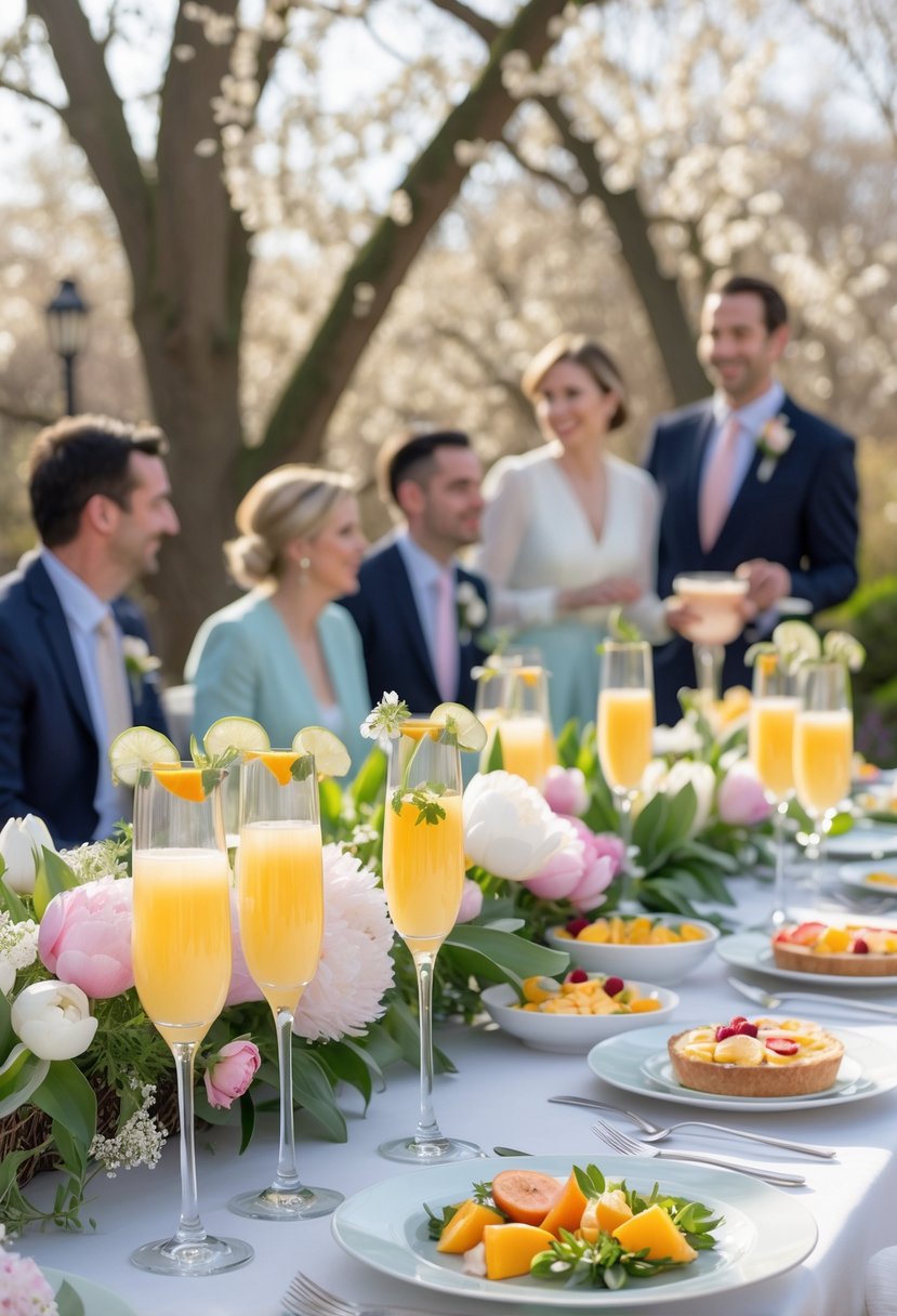 Outdoor brunch table with mimosas, flowers, and light food for a spring wedding rehearsal dinner.
