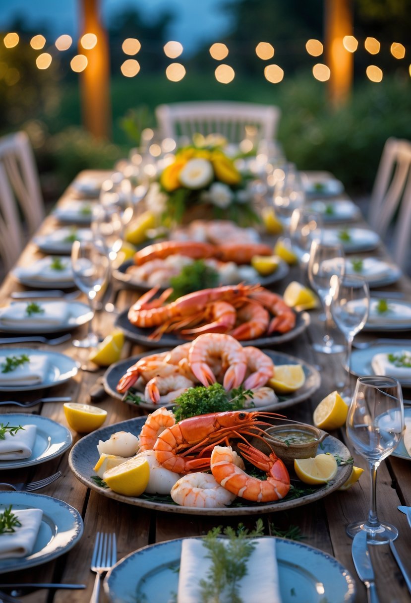 Outdoor table with a variety of grilled seafood dishes set for a summer evening dinner surrounded by flowers and soft lighting.