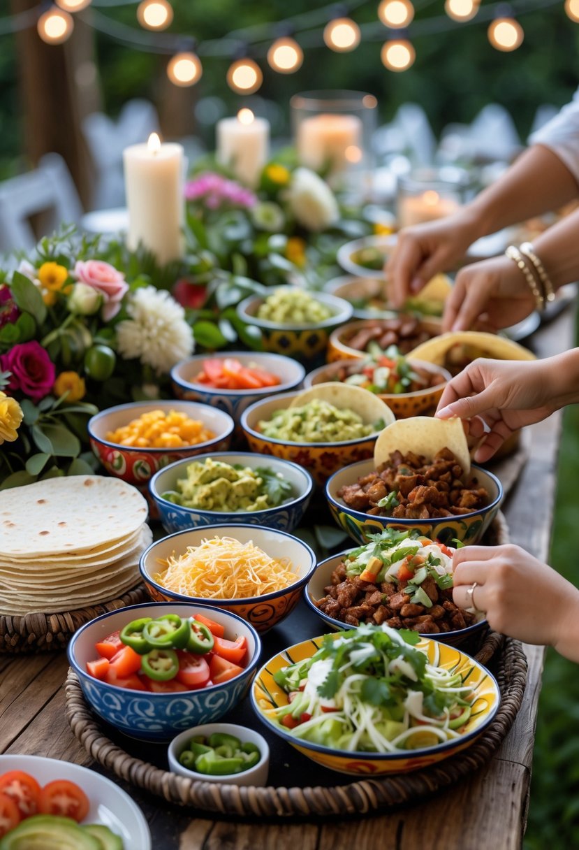 A DIY taco bar with various fresh toppings and tortillas set up for a cozy wedding rehearsal dinner, with guests preparing their tacos at a decorated table.