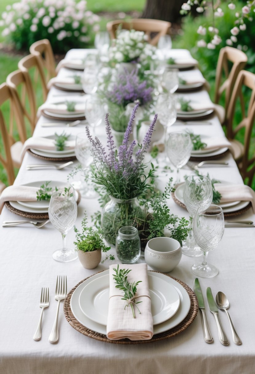 Outdoor wedding rehearsal dinner table decorated with fresh lavender, herbs, white plates, and glassware surrounded by spring flowers and greenery.