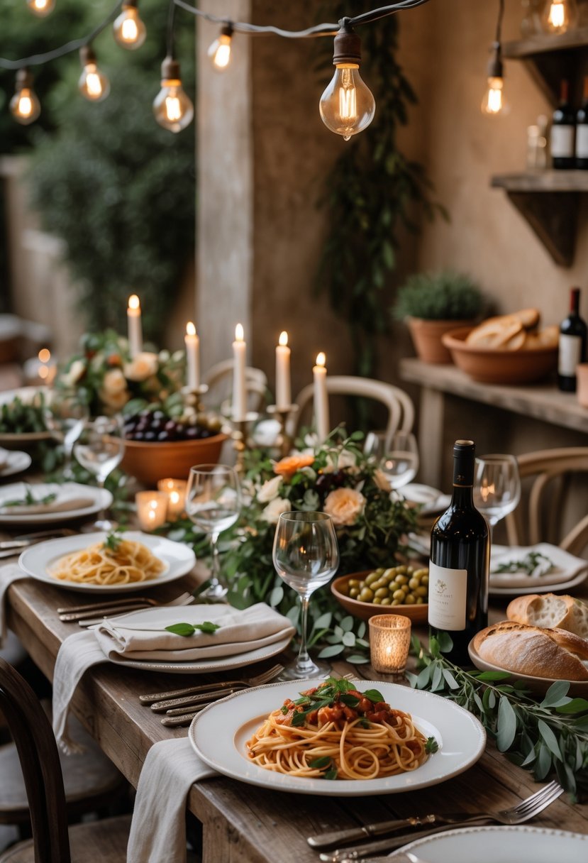 A cozy table set for a wedding rehearsal dinner with pasta dishes, wine, candles, and rustic Italian decor.