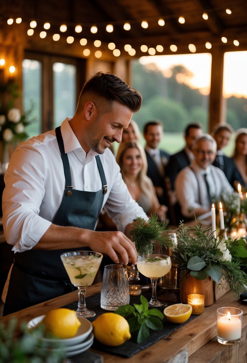 A mixologist preparing cocktails at a bar while guests enjoy a cozy wedding rehearsal dinner at a candlelit table.