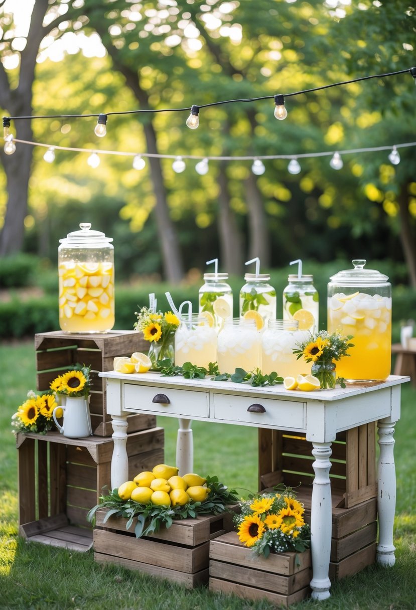 Outdoor lemonade and iced tea stand with glasses, dispensers, fresh lemons, and flowers set in a garden for a summer wedding rehearsal dinner.