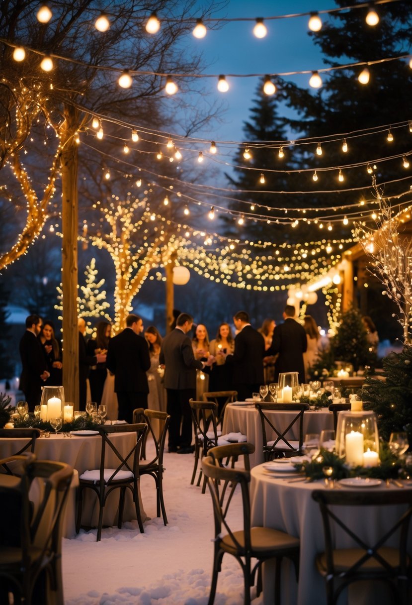 Outdoor winter wedding rehearsal dinner with holiday lights, decorated tables, and guests enjoying the festive scene.