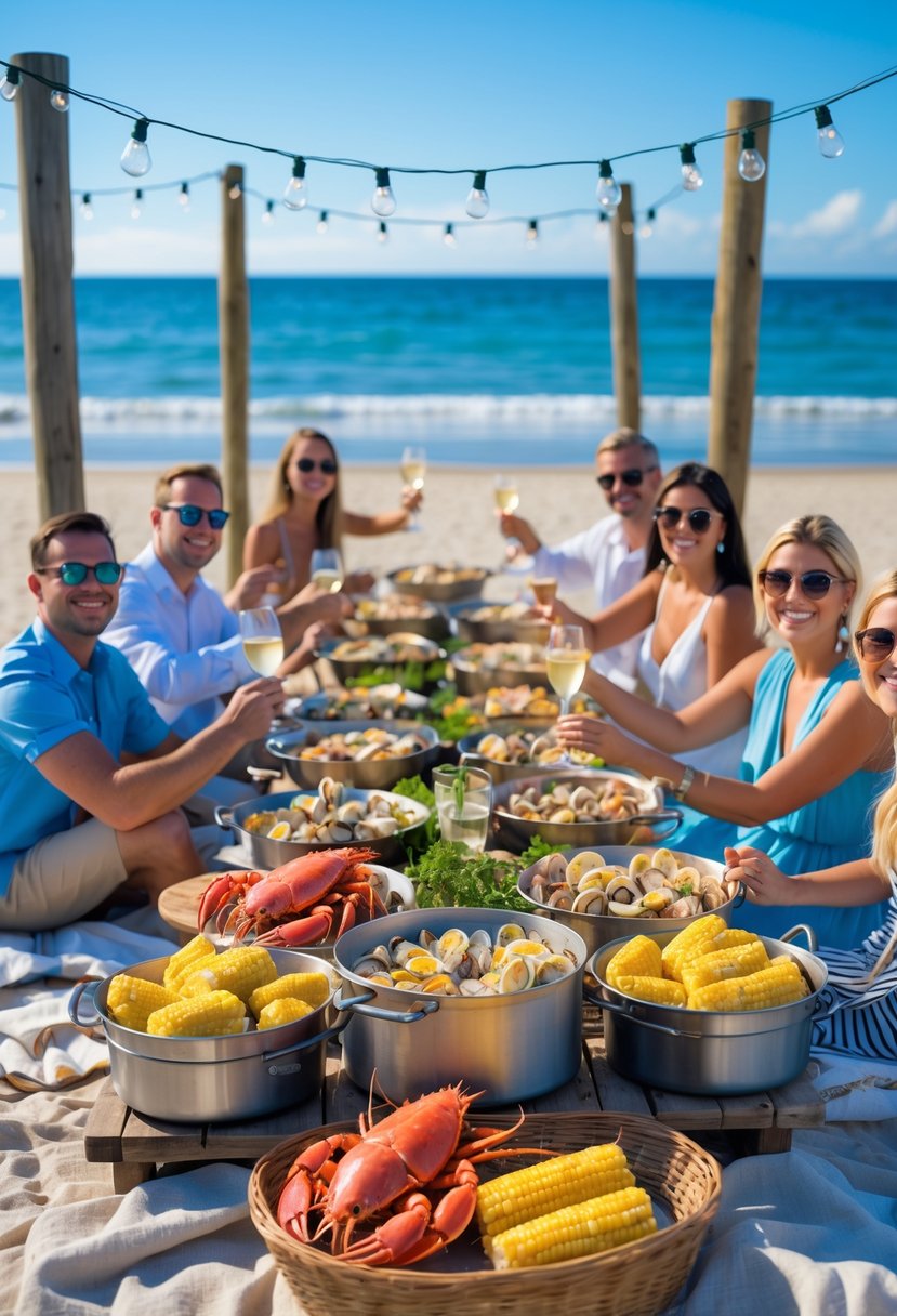 People enjoying a seafood feast on a beach with the ocean in the background, seated around a wooden table with clams, lobster, and corn.