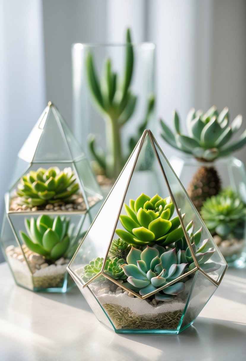 Succulent plants arranged inside clear geometric glass terrariums on a light surface.