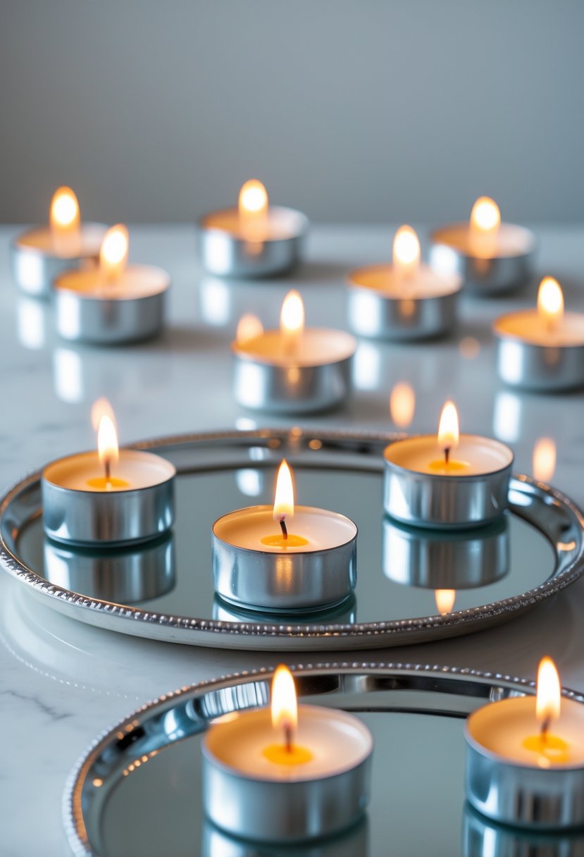 Clusters of lit tea light candles arranged on mirrored trays creating a warm glowing centerpiece.