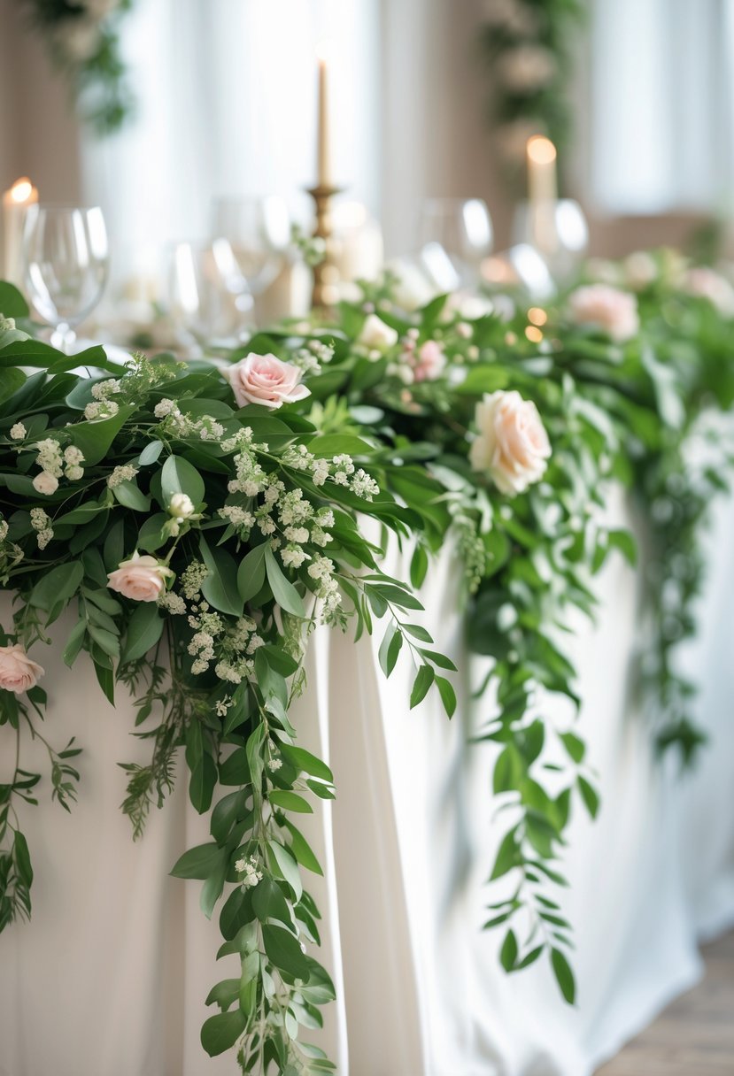 A wedding table centerpiece with draped greenery garlands and small flowers arranged on a white table.