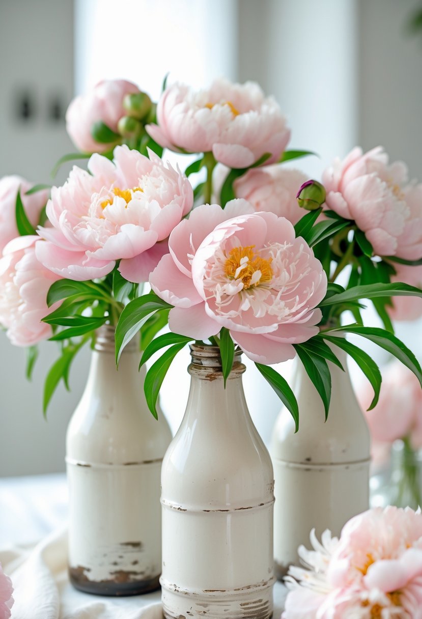 Soft pink peonies arranged in vintage milk bottles on a table as a wedding centerpiece.