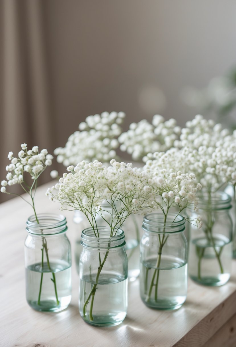 Small glass jars filled with delicate white baby's breath flowers arranged on a wooden surface.
