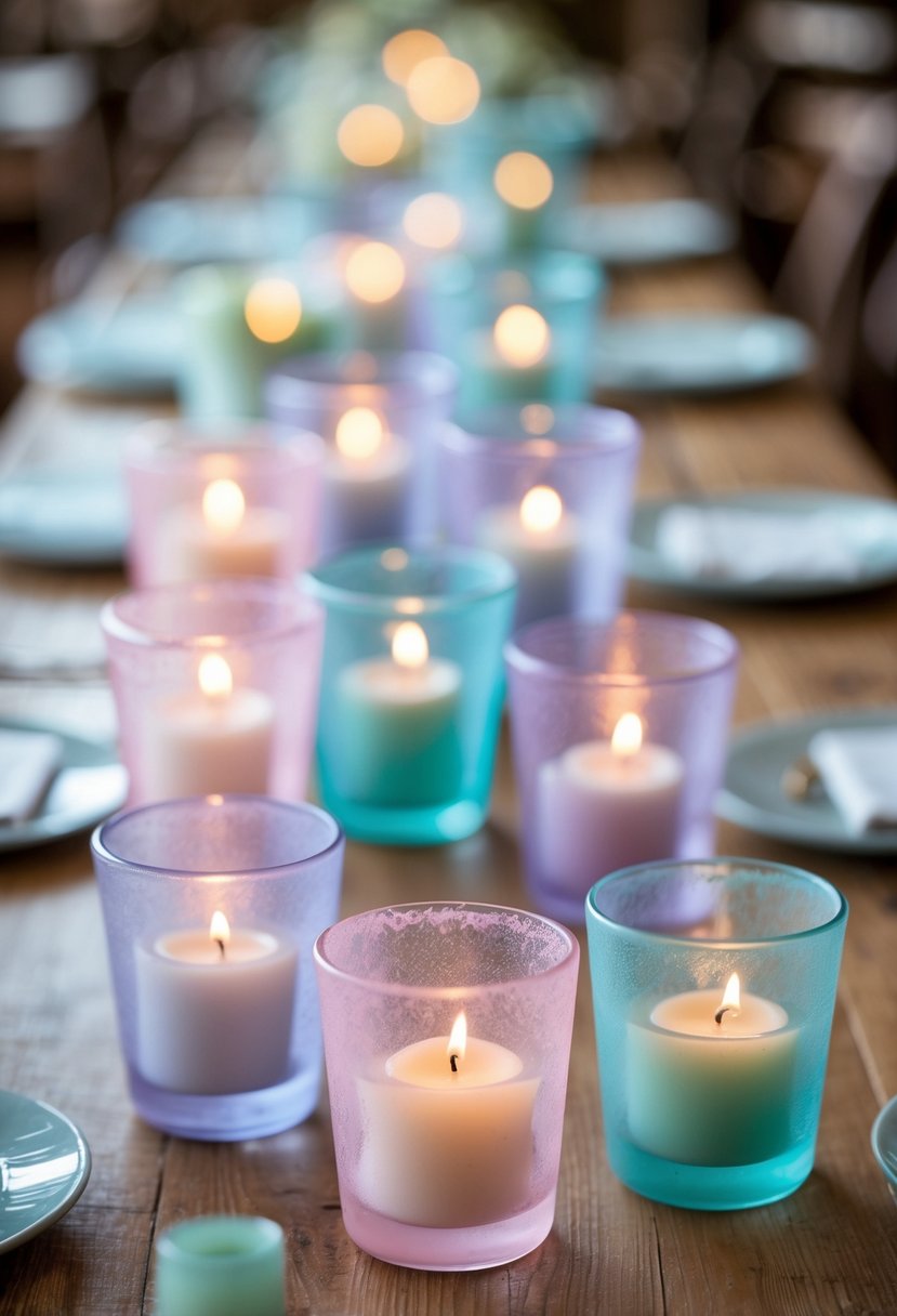 A group of colored glass votive candles arranged on wooden tables, glowing warmly.