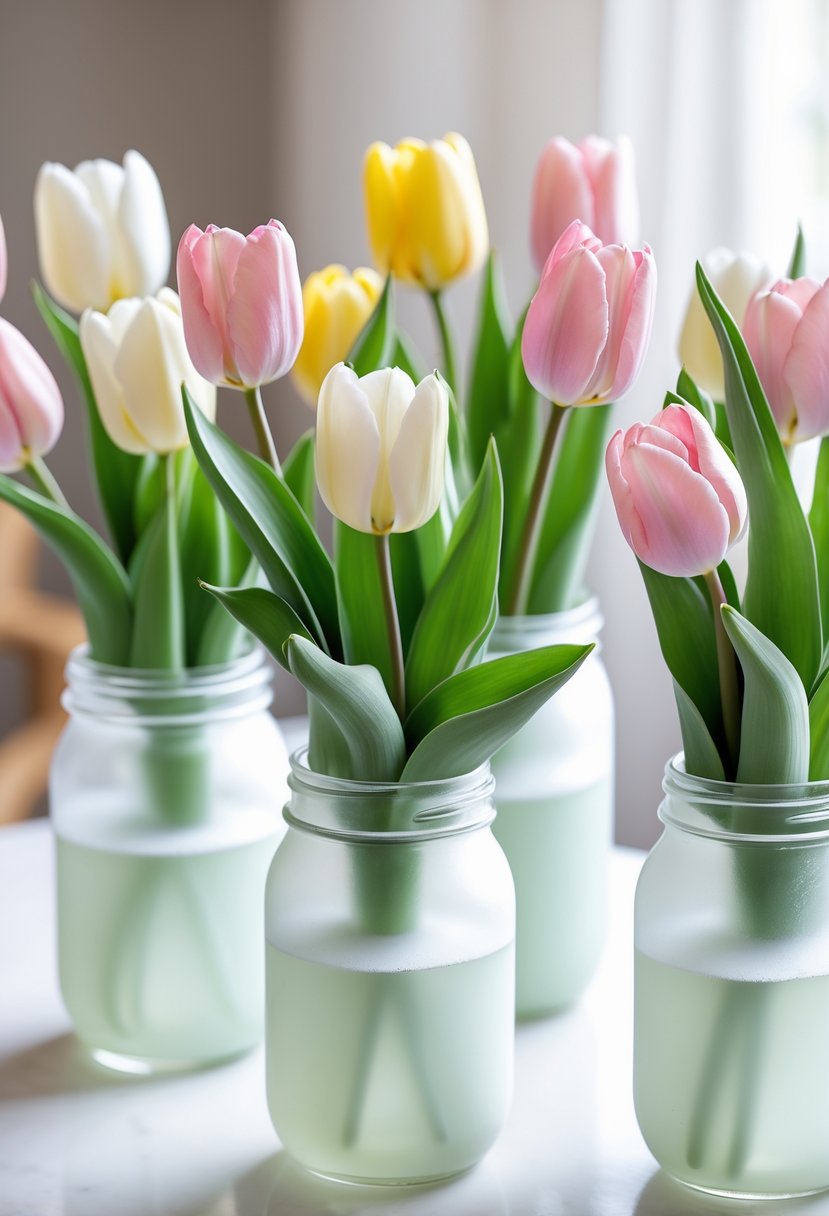 Simple arrangements of tulips in frosted glass jars on a white table.
