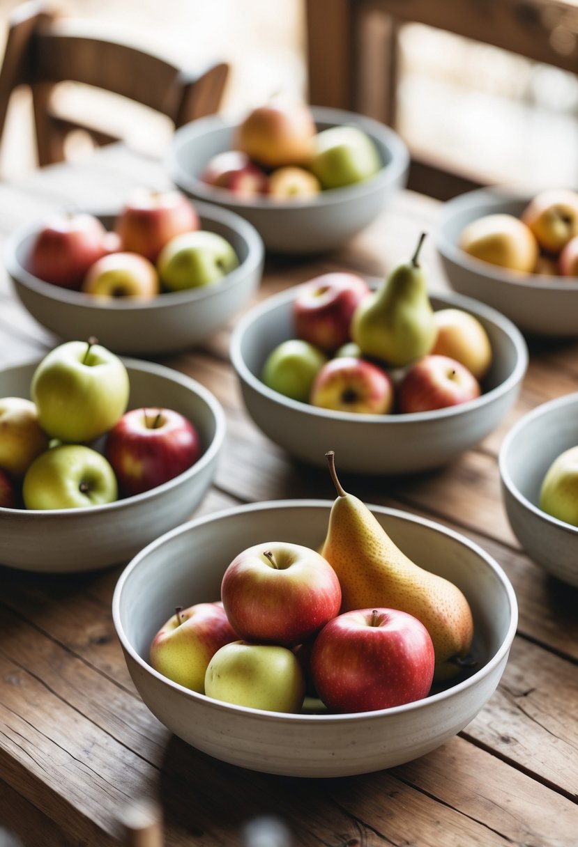 Bowls filled with apples and pears arranged on a wooden table as a simple wedding centerpiece.