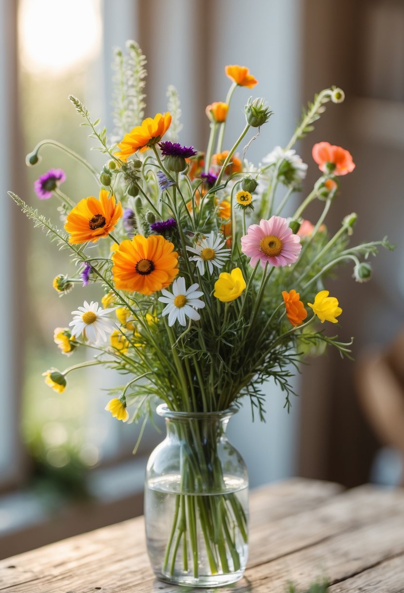 A glass vase filled with colorful wildflowers on a wooden table with a blurred background.