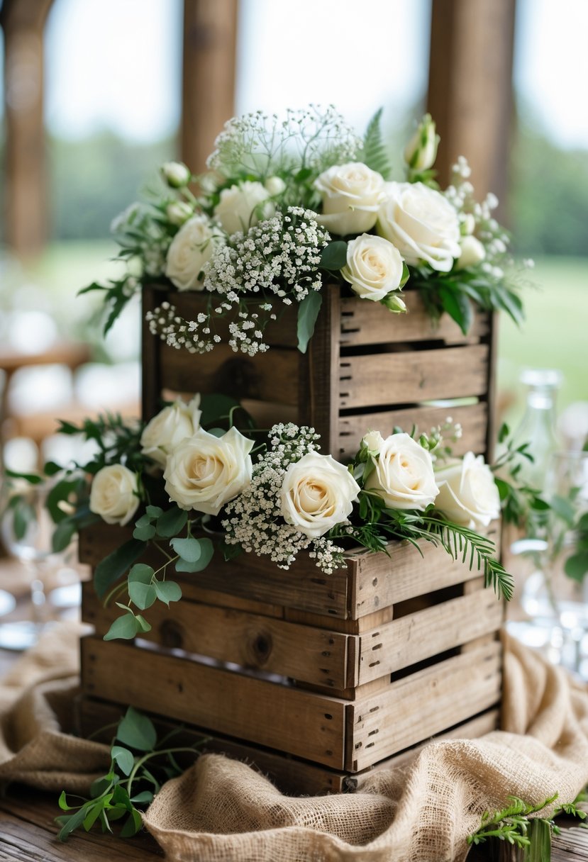 Stacked wooden crates decorated with fresh flowers and burlap fabric arranged as a wedding centerpiece.