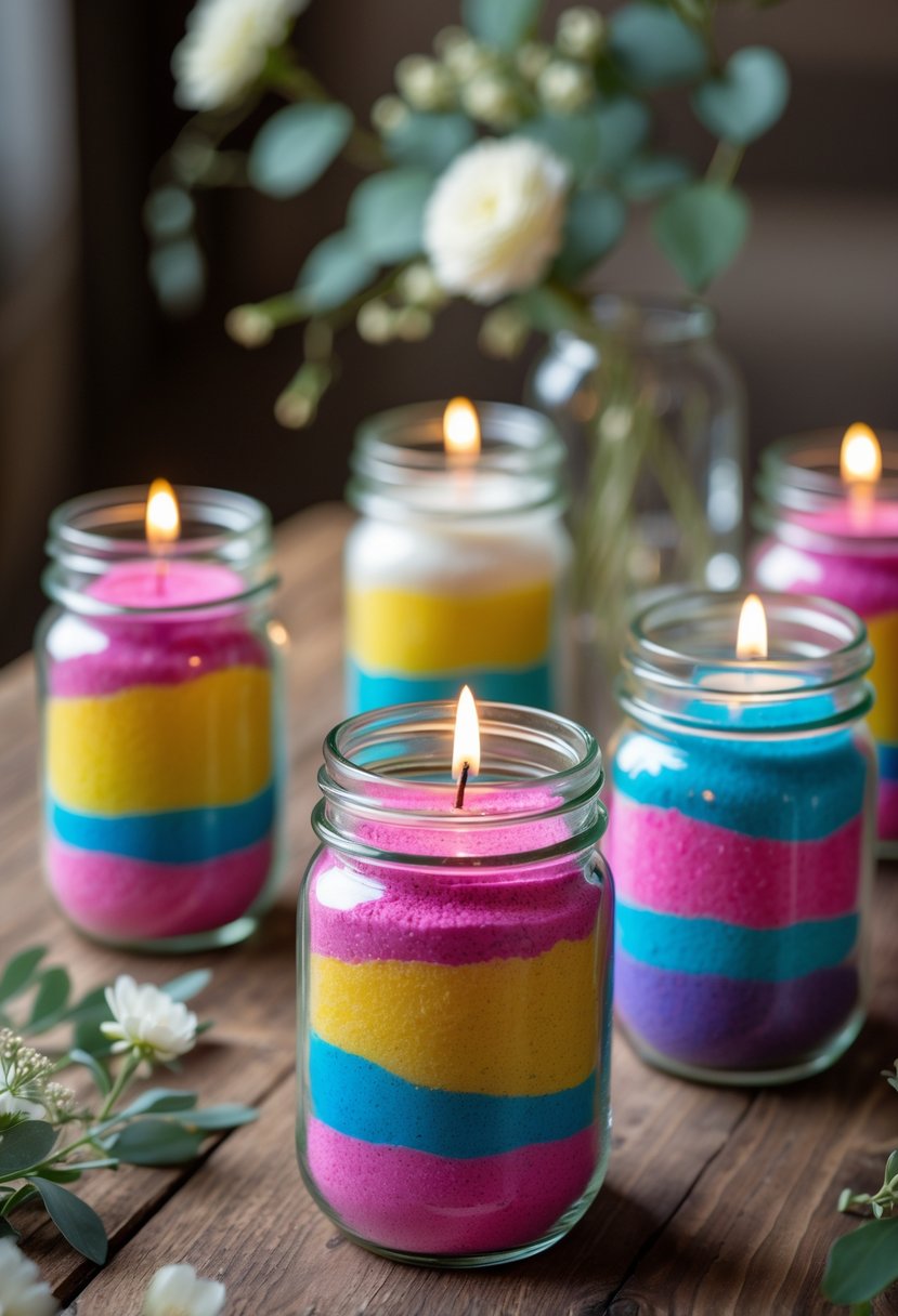 Glass jars filled with layers of colored sand topped with small white candles arranged on a wooden table.