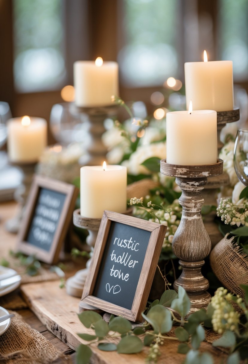 A rustic wedding centerpiece with mini chalkboard signs next to candle holders on a wooden table decorated with greenery and flowers.