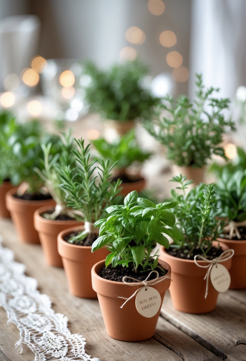 Mini potted herbs arranged on a wooden table as wedding centerpieces with natural decorations.