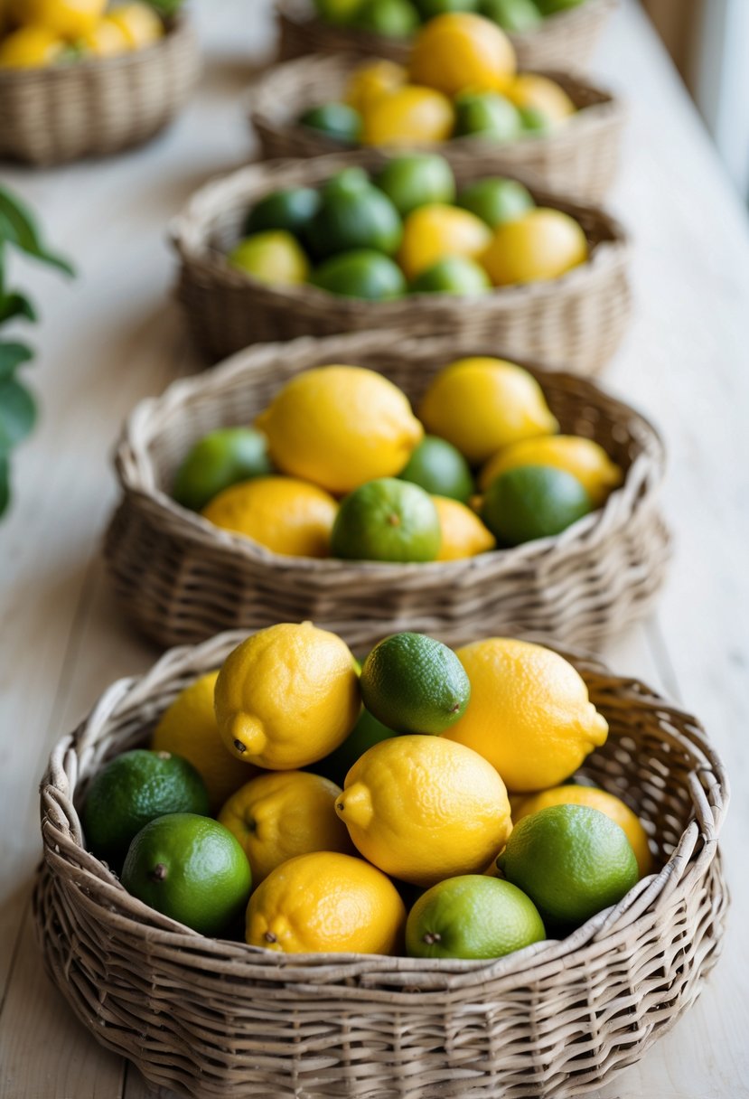 Woven baskets filled with fresh lemons and limes arranged on a wooden table.