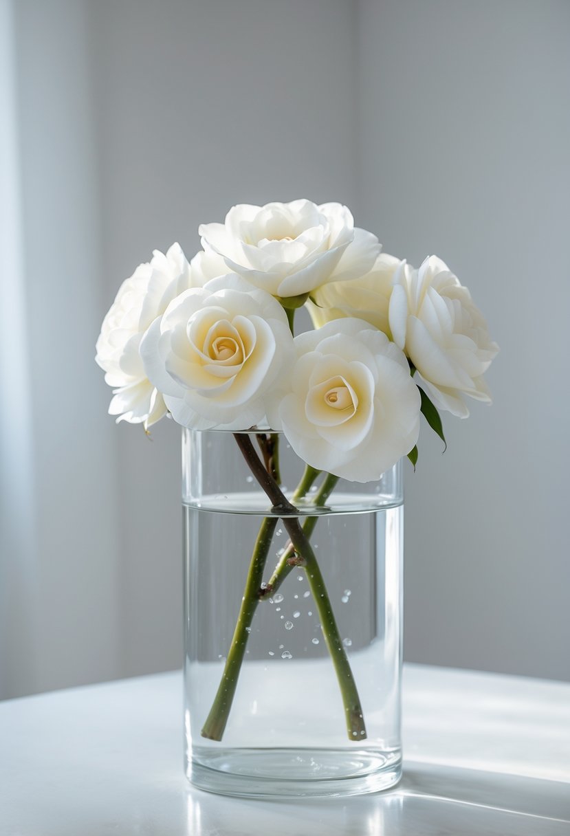 Clear glass cylinder vase filled with water and submerged white camellia flowers on a white surface.
