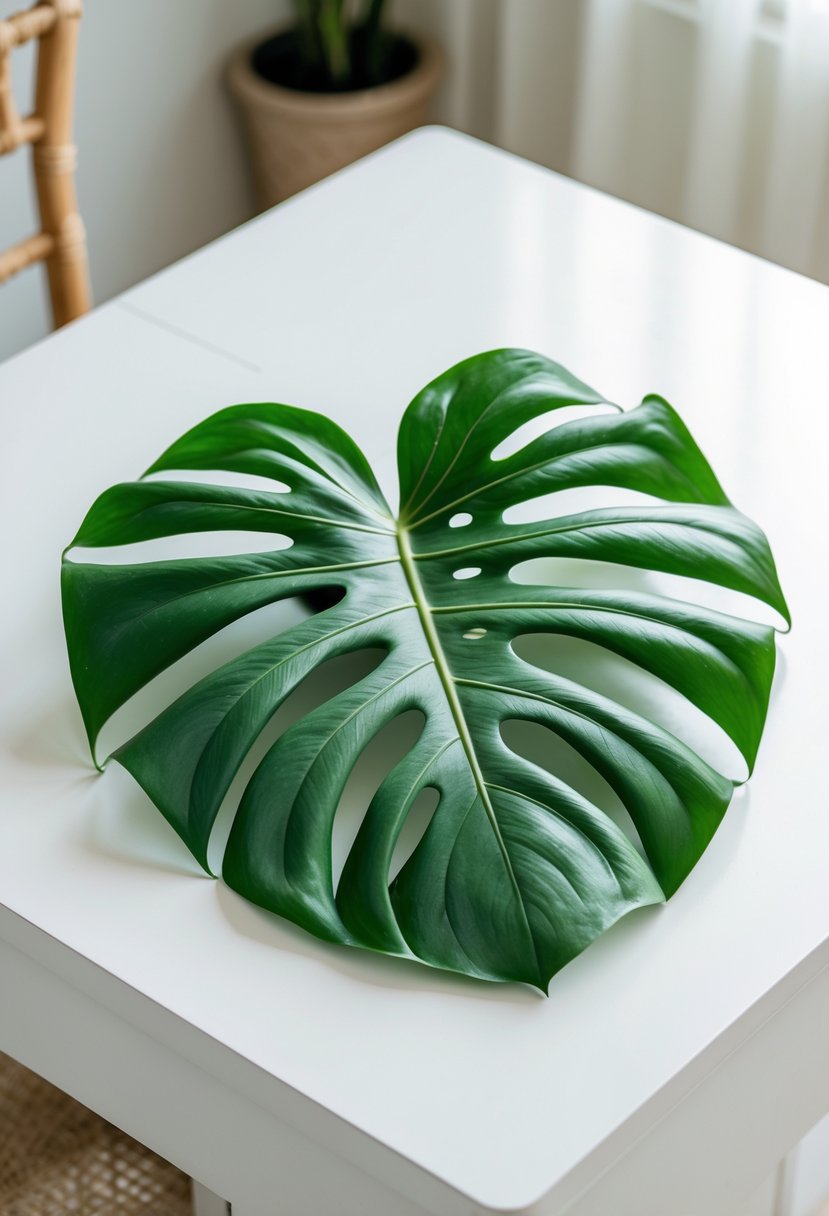 A large green Monstera leaf laid flat on a white table as a centerpiece.