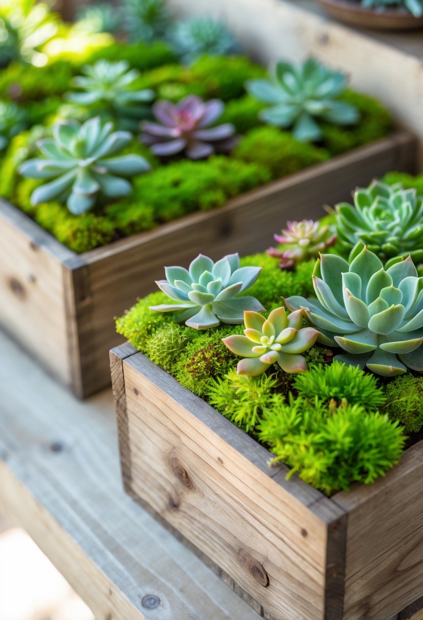 Low wooden boxes filled with green moss and various small succulent plants arranged on a wooden surface.