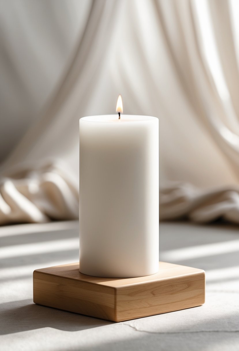 A white pillar candle on a square wooden base against a neutral background.
