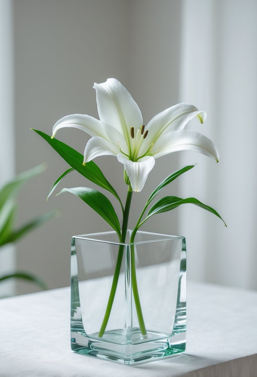 A transparent cube vase holding a single white lily on a light surface with a blurred neutral background.