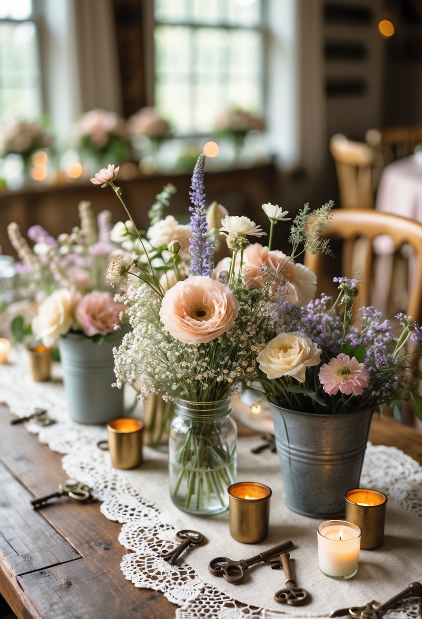 A wedding table centerpiece with pastel flowers in glass jars, lace doilies, candles, and vintage decorative items on a wooden table.