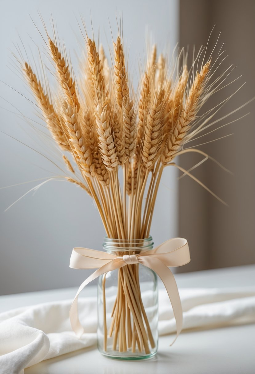 A glass jar filled with dried wheat stalks tied with a ribbon, placed on a light surface.
