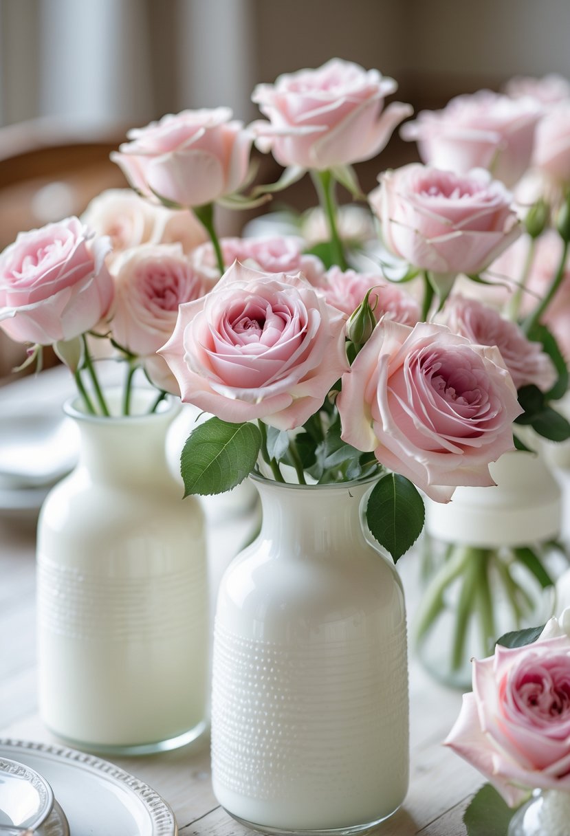 Milk glass vases filled with soft pink roses arranged on a table as a wedding centerpiece.