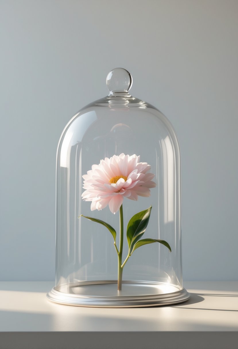 A single blooming flower covered by a clear glass dome on a plain surface.