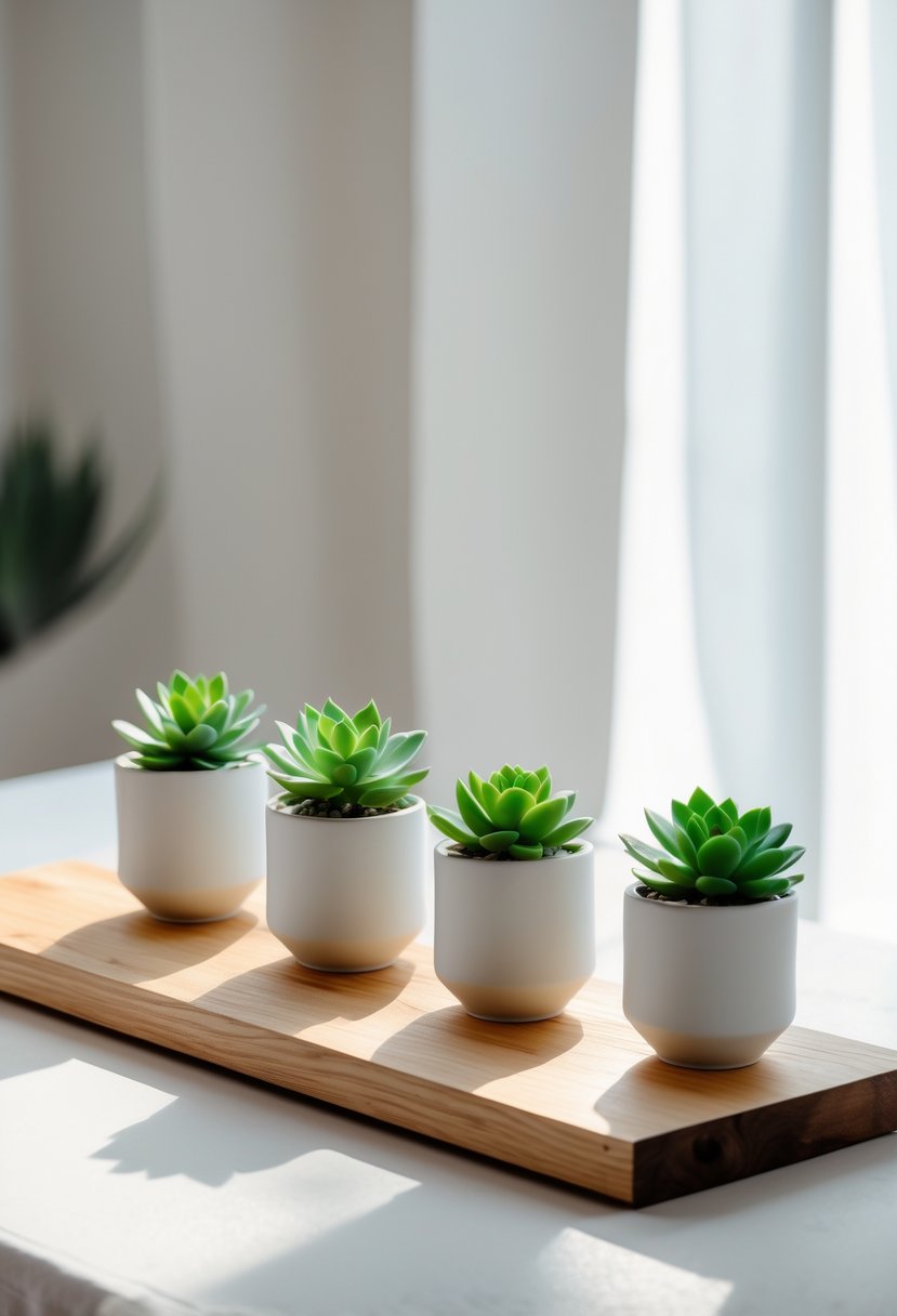 Long rectangular wooden tray holding three small succulent plants in white pots on a light surface.